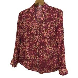 Express Womens Portofino Floral Long Sleeve Button Down Shirt Red/Multi Small